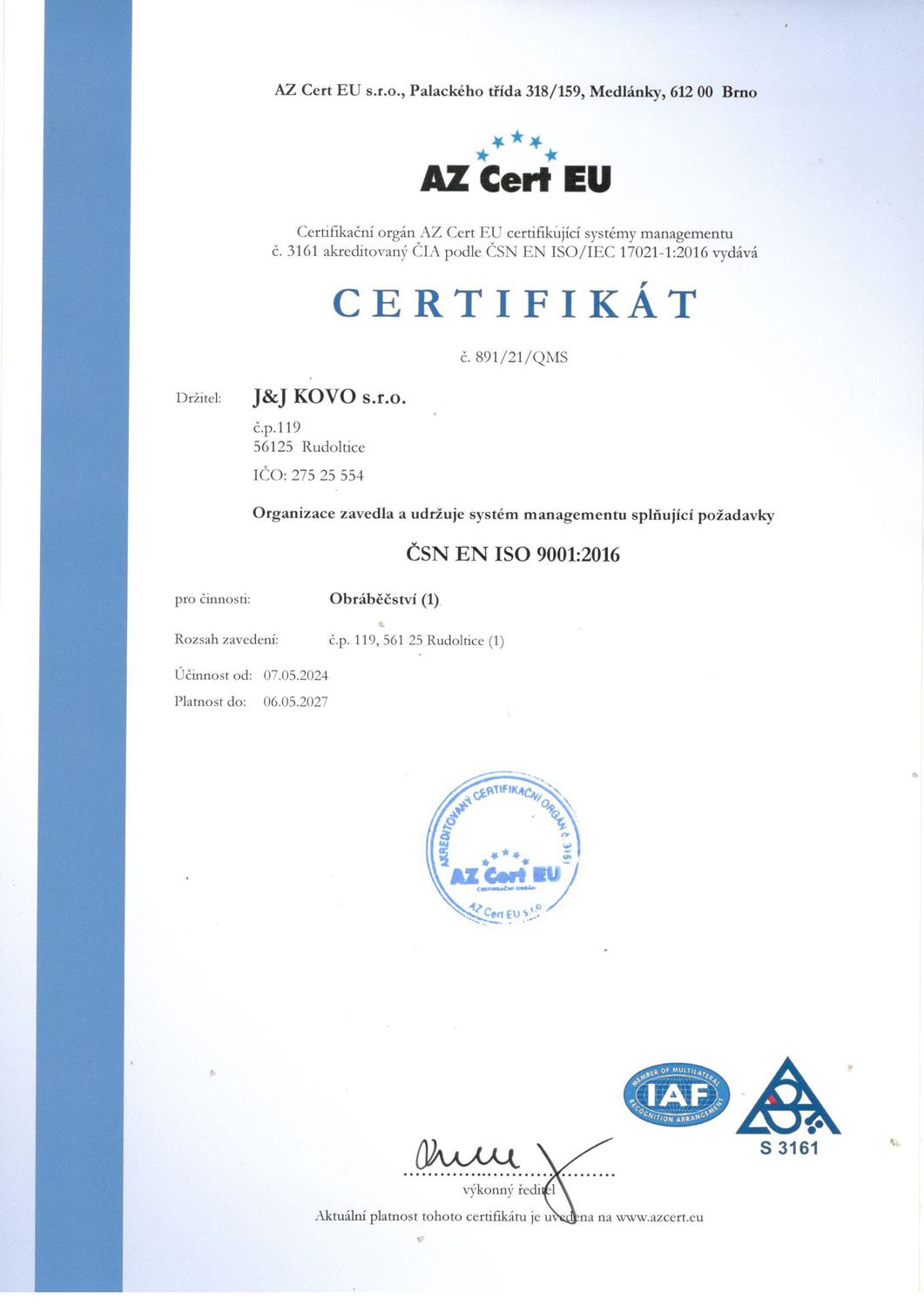 ISO 9001:2016 Certifikát